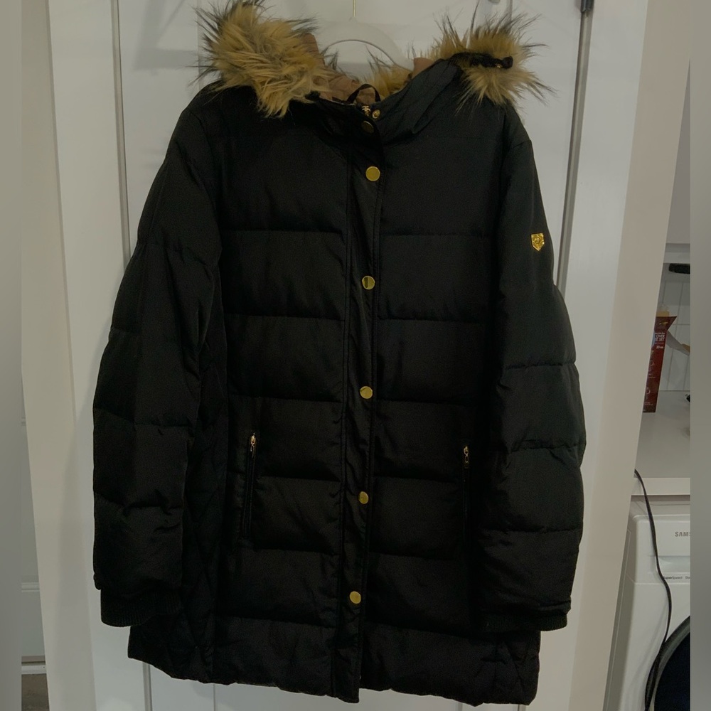 Black Puffer Coat with Faux Fur Hood
